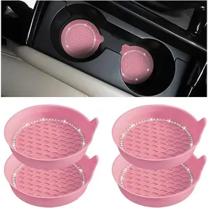 4 count Bling  Cup Holder Coaster, Universal  Rhinestone Anti-Slip Cup Holder Insert Coaster,  Round Shape Auto Drink Mat,  Interior Accessories for SUV  (Pink)