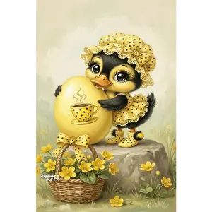 1PC 5D diamond painting 2D flat printing Easter Diamond Painting Kit for Adults Kids Yellow Chick with Coffee Cup Egg Pattern Full Drill Rhinestone Embroidery Arts Craft Home Wall Decor Gift 30x40cm