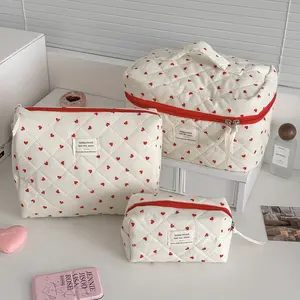Stitched Makeup Bag with Heart Design, Background, Durable Polyester Material, Perfect for Travel, Ideal for Women Mothers Students