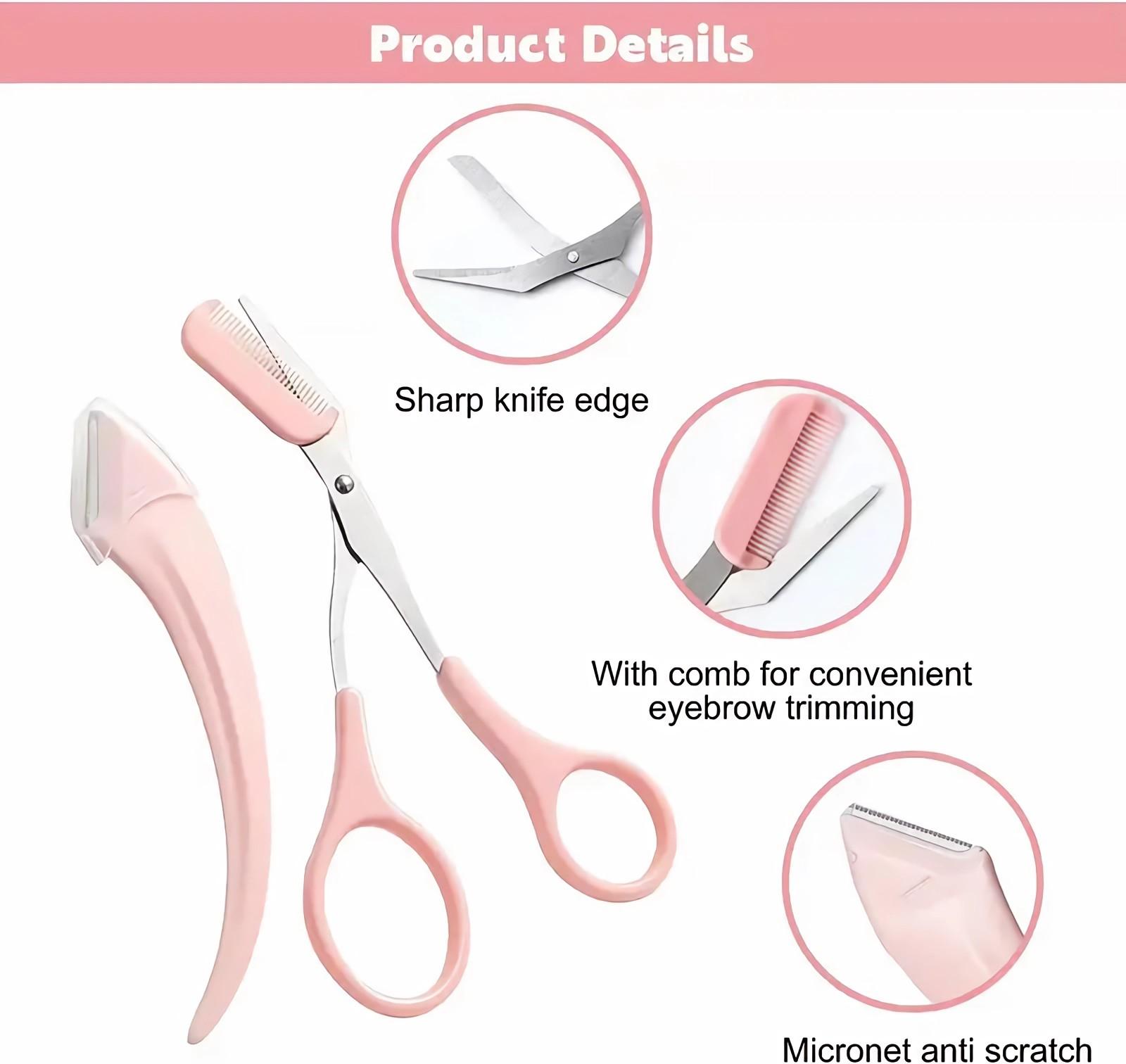 Eyebrow Scissors with Comb,Eyebrow Scissors,Eyebrow Trimmer Scissors Tool,Eyebrow Trimmer Scissors With Comb for Beginner Eyebrow Scissors for Women Girls Stainless Steel Eyebrow Razor (Pink)