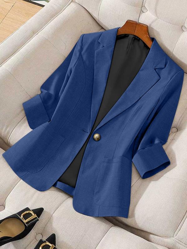 Women's Solid Color Button Front Blazer Coat, Casual Long Sleeve Outerwear for Work Office Business, Ladies Spring & Fall Woven Clothes, Fitted Womenswear