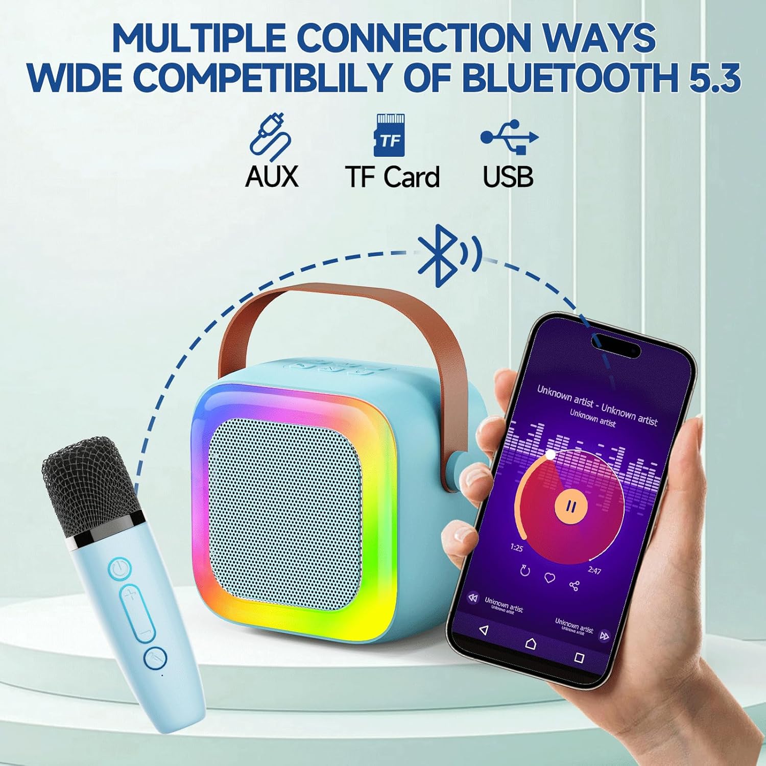 Portable Mini Karaoke Machine for Kids & Teens, Karaoke System with 2 Wireless Mics, Subwoofer Bass & LED Lights Set the Mood for Party & Home Use, Portable Karaoke Machine, Led Party Glow,back to school,back to school haul
