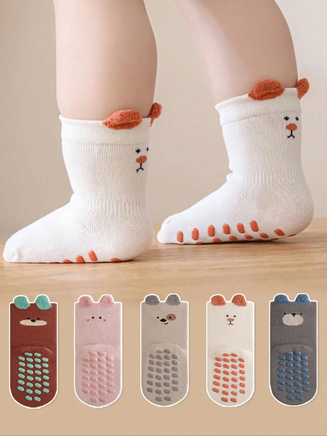 3 Pairs Kids Toddler Floor Socks Cartoon Ear Design, Non-Slip Soft Sole Indoor Animal Mid-Calf Socks for Boys & Girls, Casual Daily Wear Cute Socks, Toddler Crew Socks