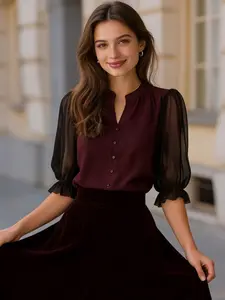 Elegant burgundy V-neck blouse for women, sheer mesh puff sleeve button-down shirt with vintage ruffle cuffs, versatile for office, home, indoor and outdoor wear