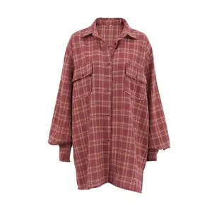 Brick Red Plaid Shirt Women's Oversized Vintage Flannel Top