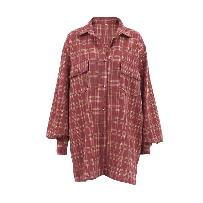 Women's Brick Red Plaid Long-Sleeve Soft Oversized Vintage Flannel Shirt - Casual Wear Relaxed-Fit Top with Classic Fabric, Stylish Essential for Denim & Leggings Pairing (Full Sleeves Design Clarification)