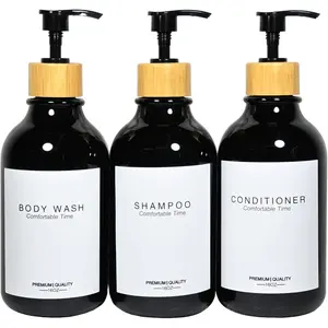Shampoo and Conditioner Bottles Apothecary Dispenser Bamboo Pump Refillable Shampoo Bottles for Shampoo Lotion Oil Shower Soap Hand Soap and Dish Soap Plastic Black Set Black