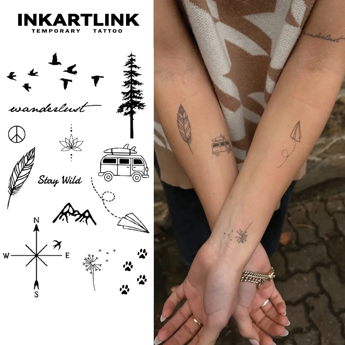 INKARTLINK Tattoo Tech Realistic Temporary Tattoos - 2-Sheet Ephemeral Poetry & Horizon Adult Art Design, 1-2 Weeks Long-Lasting, Waterproof, No Adhesive, No Reflection, For All Skin Types, Ideal for Swimming Parties