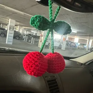 Handmade Crochet Car Hanging Cherries - Red & Green, Unique Craftsmanship, Perfect for Car Owners, Versatile Use as Hanger or Keychain