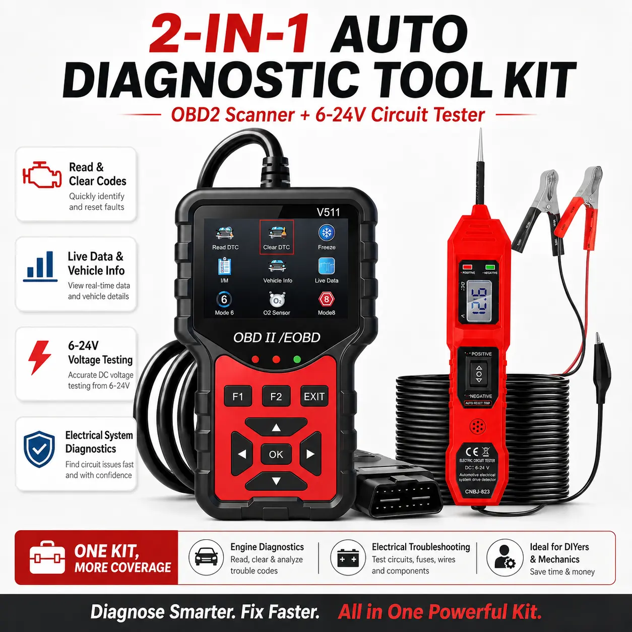 2-in-1 Automotive Diagnostic Tool Kit, OBD2 Scanner & 6-24V Digital Circuit Tester, Car Code Reader with Read/Clear DTC, Live Data, Vehicle Info, Electrical System Tester