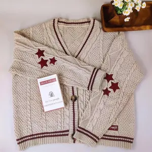 Chic vintage star preppy knit cardigan sweater — long sleeves, autumn V-neck, aesthetic retro single-breasted design