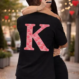 Custom Letter Couple T-Shirt – Personalized Alphabet Initial Kiss Pattern Tee, Romantic Valentine’s Day Gift, TikTok Shop Deals, Gifts for Him & Her, Trendy Couple Shirt