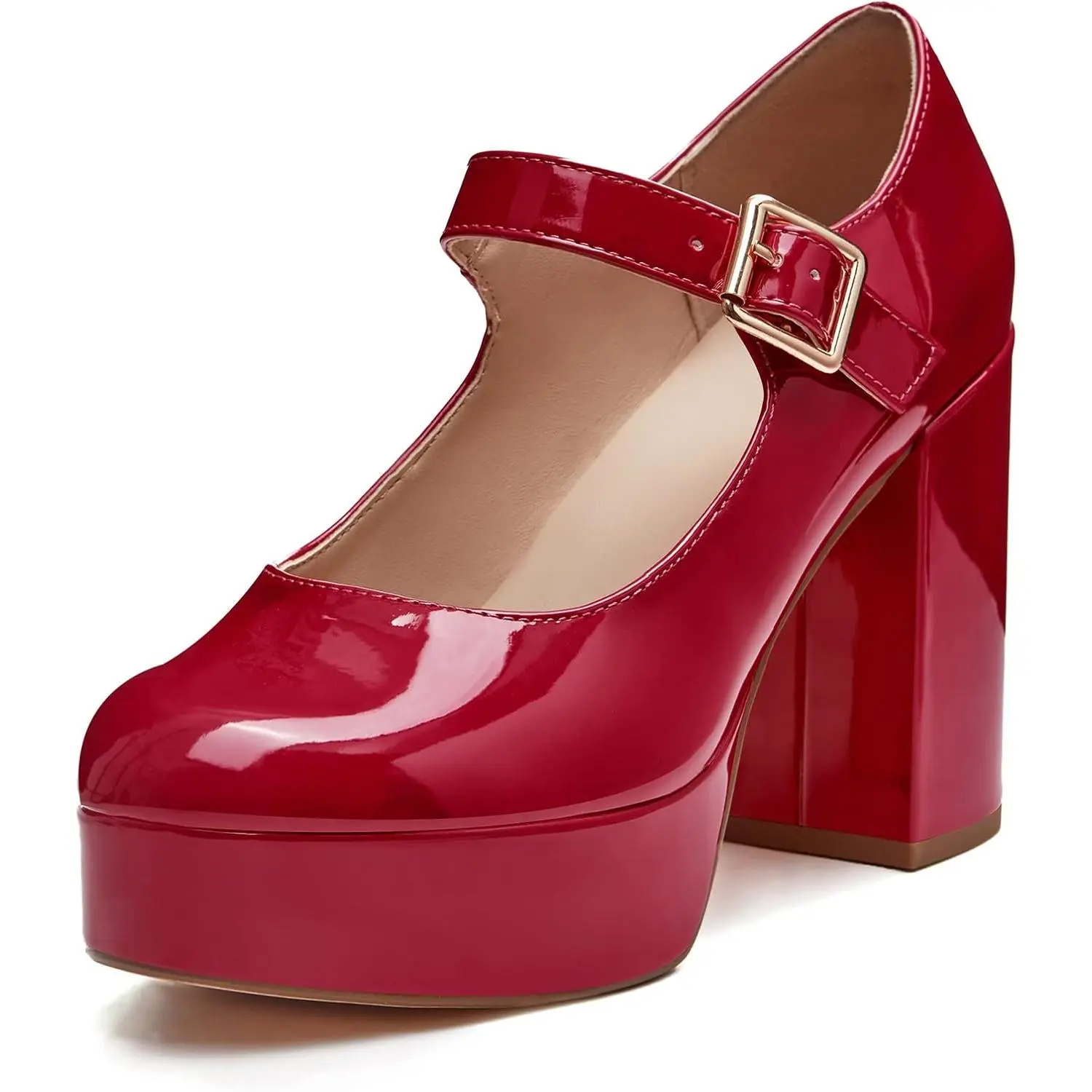 Coutgo Women's PU Mary Jane Shoes - T-Strap, Round Toe, Chunky Platform Heels, Patent Finish Women's Walking Shoes for Classy Elegant Occasions, Mary Janes,summerwins,summeroutfits,vacationoutfits,beachoutfits