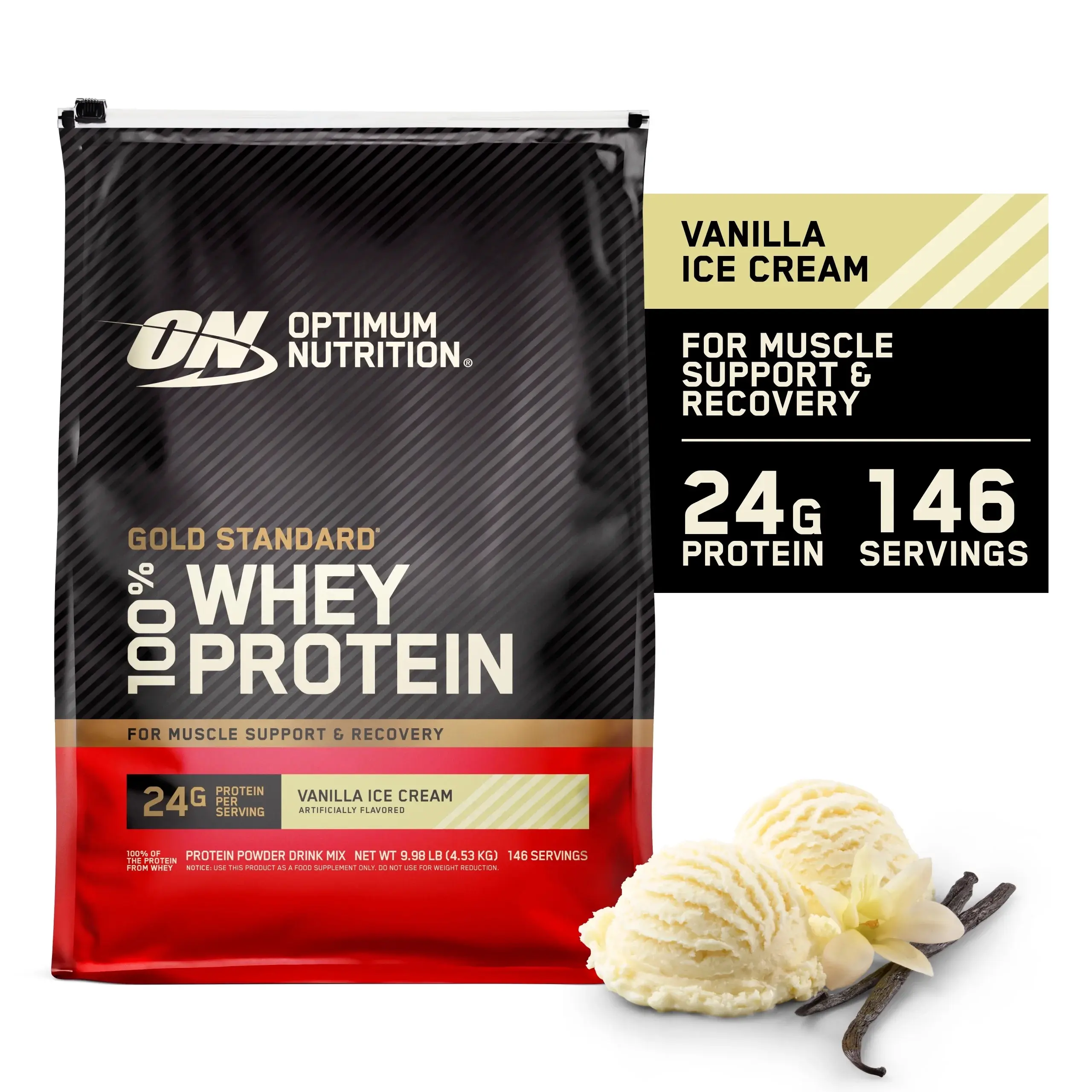 Optimum Nutrition Gold Standard 100% Whey Protein Powder Vanilla Ice Cream 10 Pound Supplement for Muscle Recovery and Growth - Healthcare