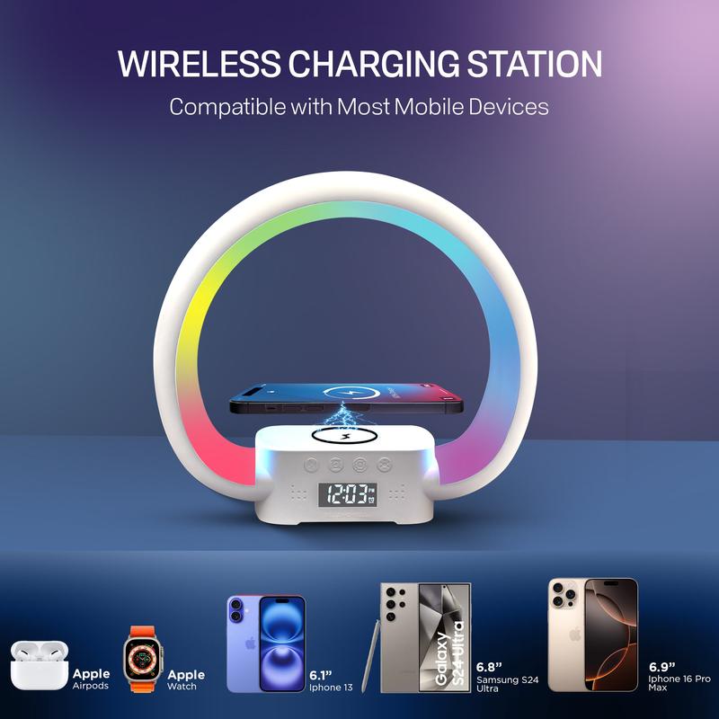 Bell + Howell Speaker Charging Lamp with Alarm Clock, RGB LED Table Lamp, and Wireless Phone Charger Stand