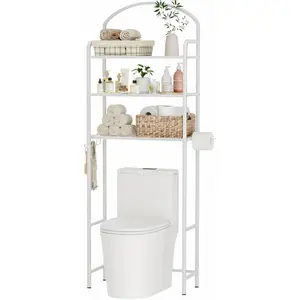 3-Tier Over The Toilet Storage, Bathroom Organizer, Space-Saving, Above Toilet Storage Rack with 4 Hooks and Paper Holder, Metal Shelf, White