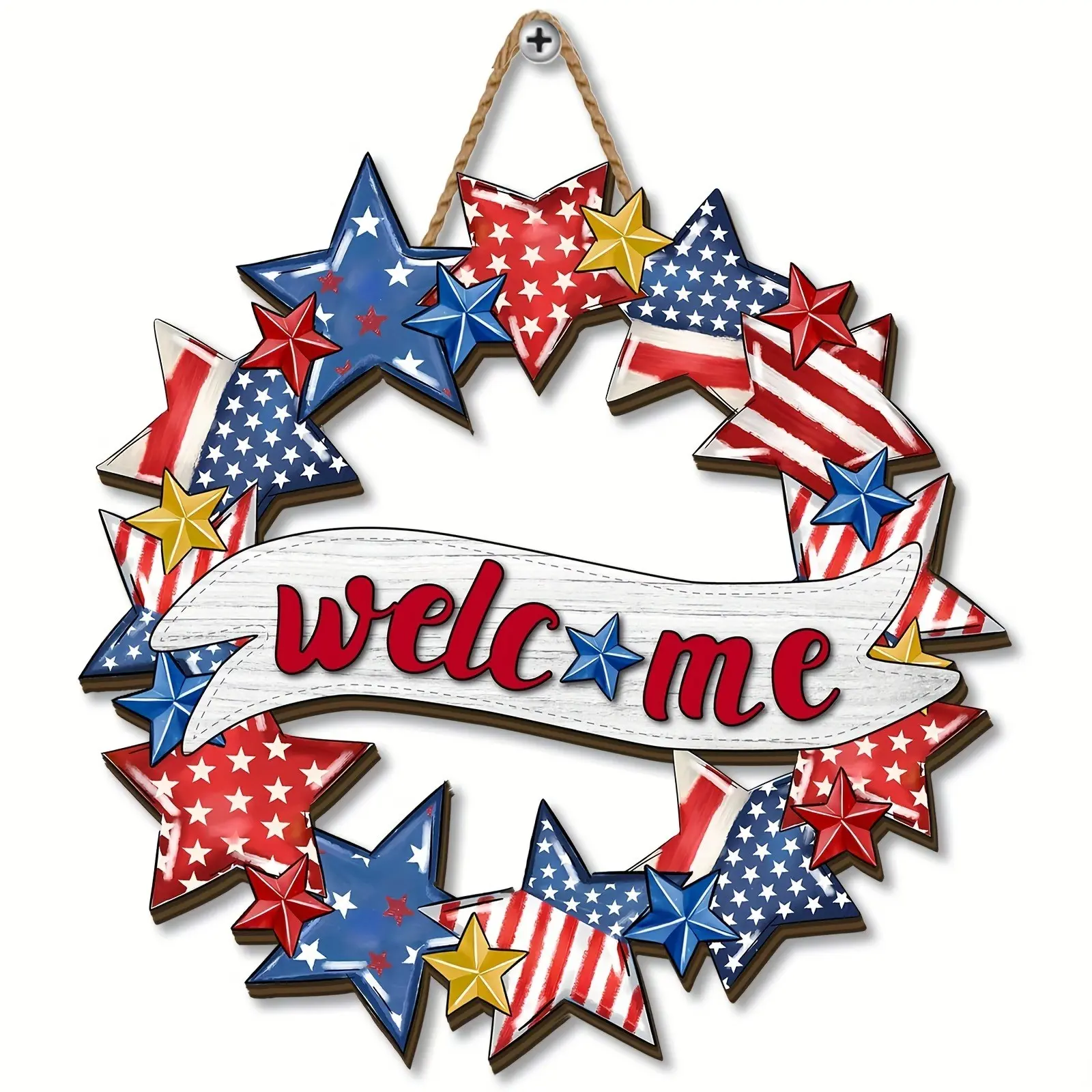 Welcome Patriotic Wood Door Sign, Hollow Star Stripes Design, American Flag Colors, Durable Indoor Outdoor Hanging Decor, Festive Decoration, Perfect Holiday Gift