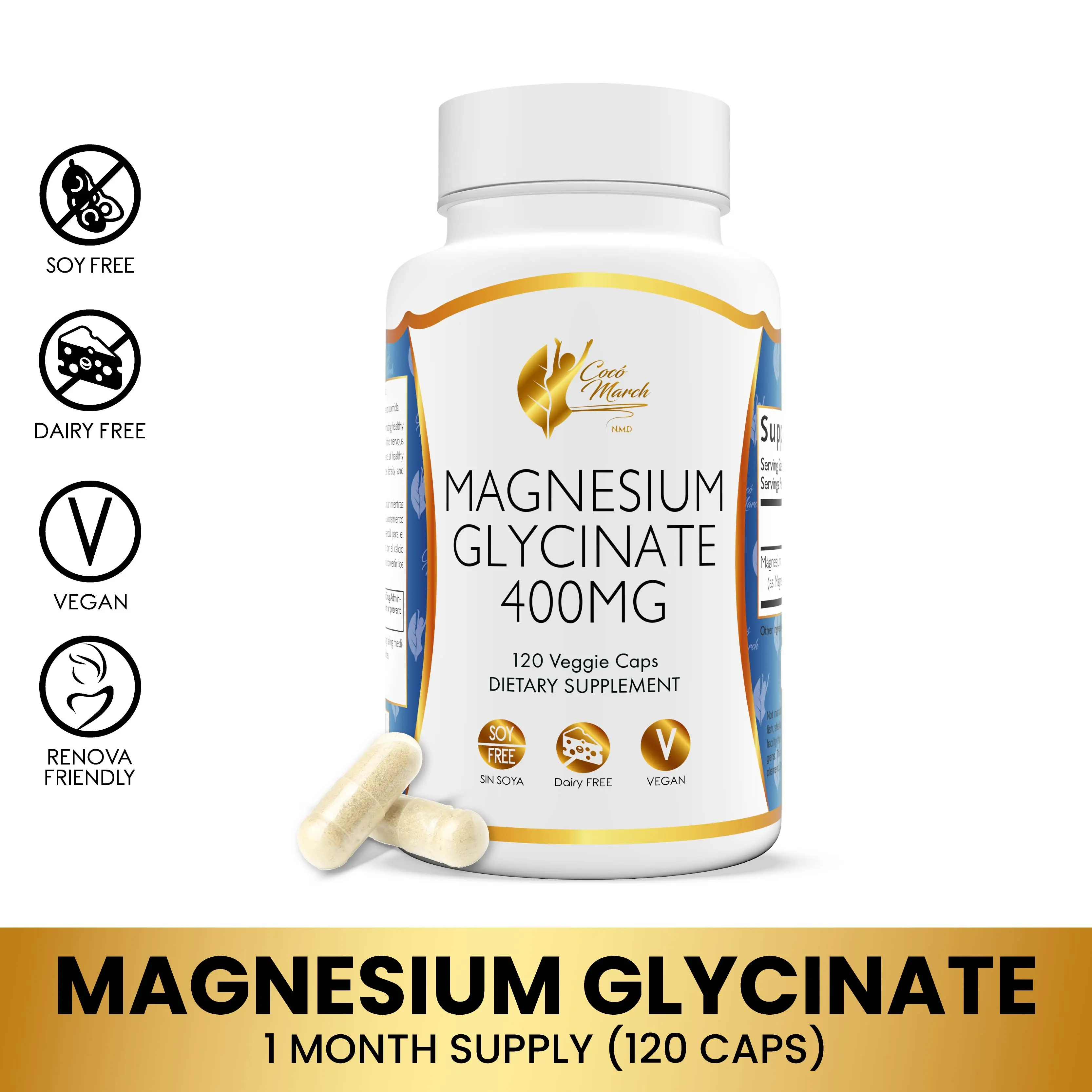 Coco March N.M.D Magnesium Glycinate – 120 Capsules -30-Day Supply, 400 ...