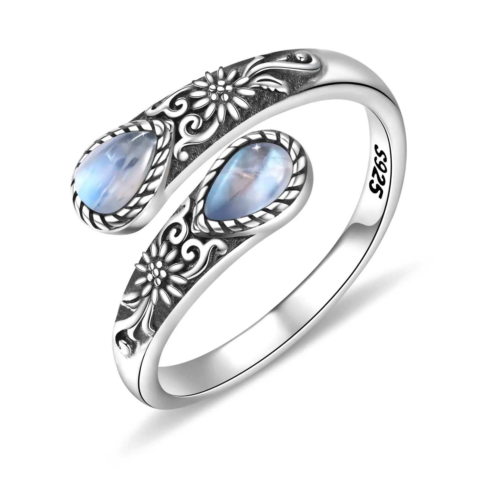 S925 Sterling Silver Adjustable Thumb Open Ring - Vintage Bohemian Spoon Ring with Moonstone & Synthetic Labradorite, Gift for Mom, Daily & Party Use