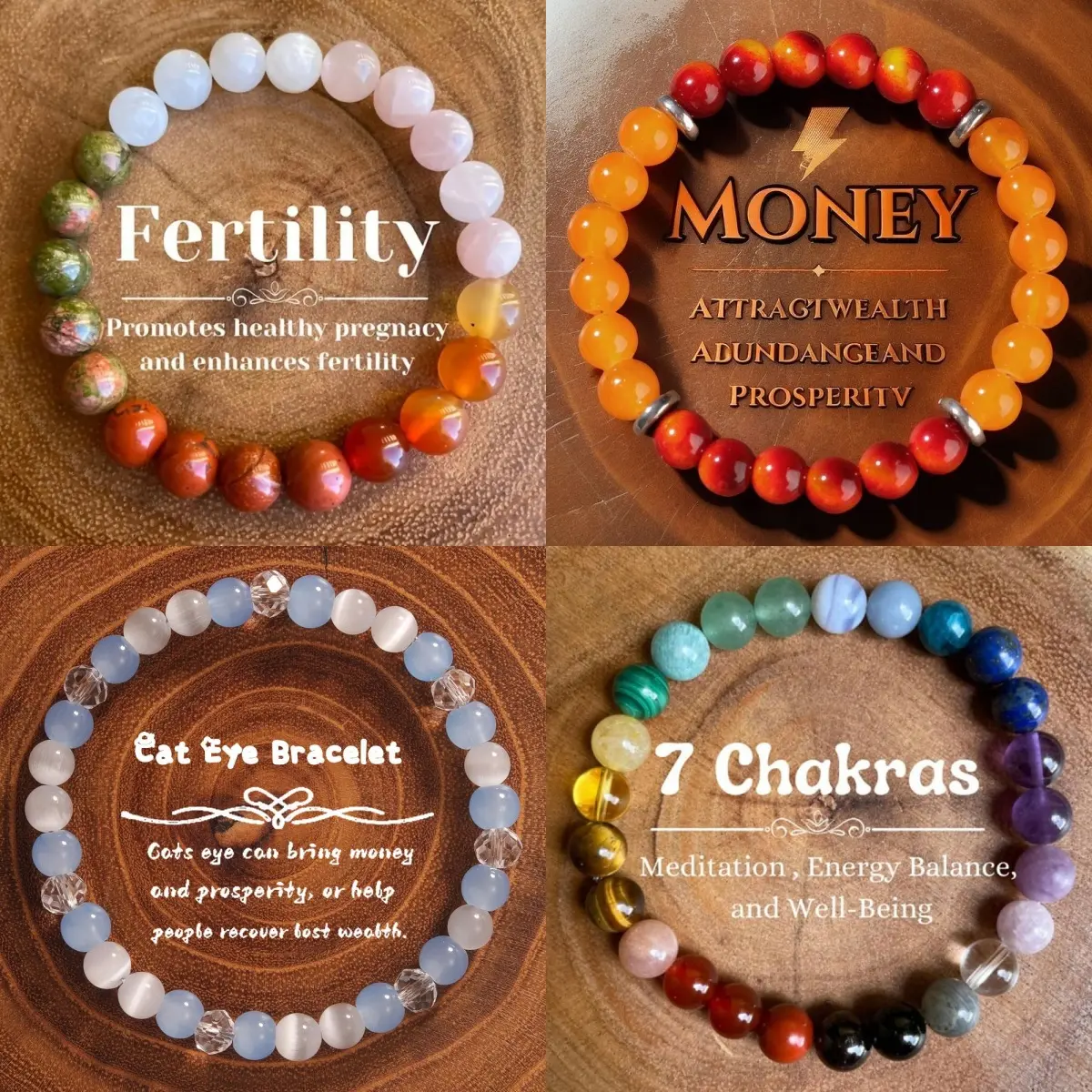 Fertility Money Cat Eye 7 Chakras 4-Piece Bracelet Set for Energy Balance Well-Being & Unique Beauty Embrace Your Charm with Memorable Bracelets