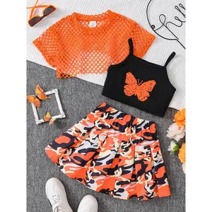 A Three-Piece Set for Girls Featuring a Easy Summer Outfit: a Breathable Short-Sleeve Mesh Outer Layer, a Tank Top with Butterfly Cartoon Graffiti Print, And Elastic Waist Shorts.This Comfortable And Casual Set Is Perfect for Outdoor Sports