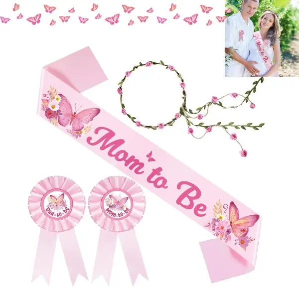 Butterfly Baby Shower Decorations Set – Mom to Be Sash, Dad to Be Pin & Pink Flower Crown Headband, Baby Girl Shower Decorations, Gender Reveal Party Supplies