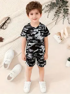 Boys' & Camo Short Sleeve Shorts Set, Active Two-Piece Summer Streetwear, Casual All over Print