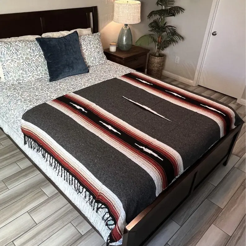 Mexican Baja Blanket Charcoal Grey Tan Black Diamond - Vintage Style Throw, 78" x 54", Machine Washable, Durable Cotton-Polyester Blend