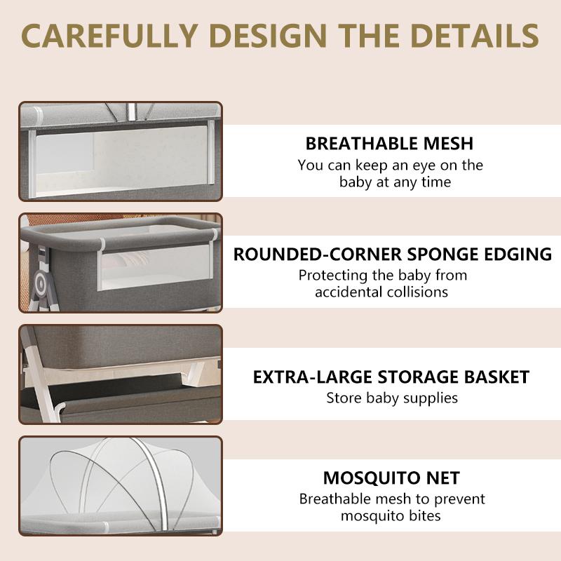 Virplik 4-in-1 Portable Baby Bassinet with Mosquito Net Rocking Function Storage Basket Adjustable Height Foldable Bedside Sleeper for Newborns with Wheels & Mattress Crib