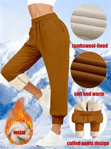 Women's Fleece Lined Long Pants, Casual Drawstring Waist Warm Winter Trousers, Plain Lamb Fur Joggers with Pockets, Sweatpants