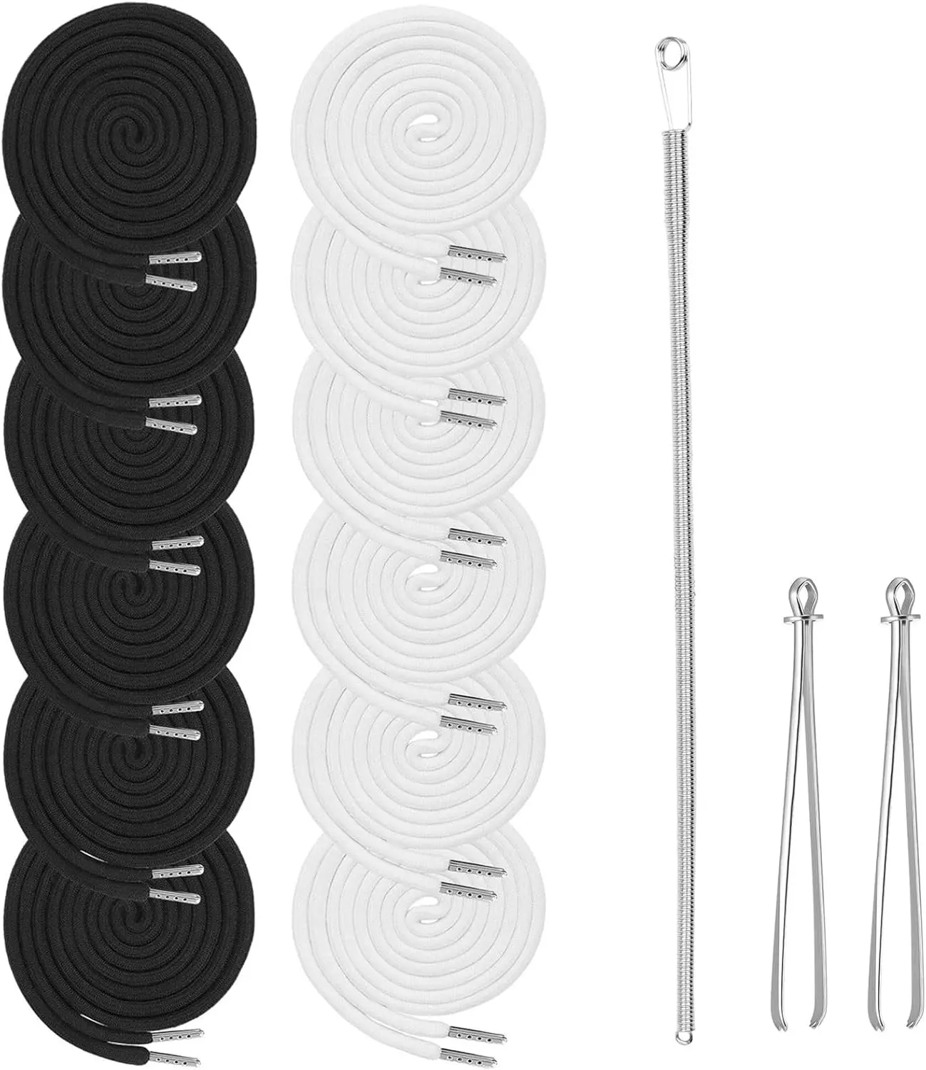 15-Piece Drawstring Set – 12 Replacement Drawstrings for Pants, Jackets & Hoodies + 3 Drawstring Threader Tools（White&Black）