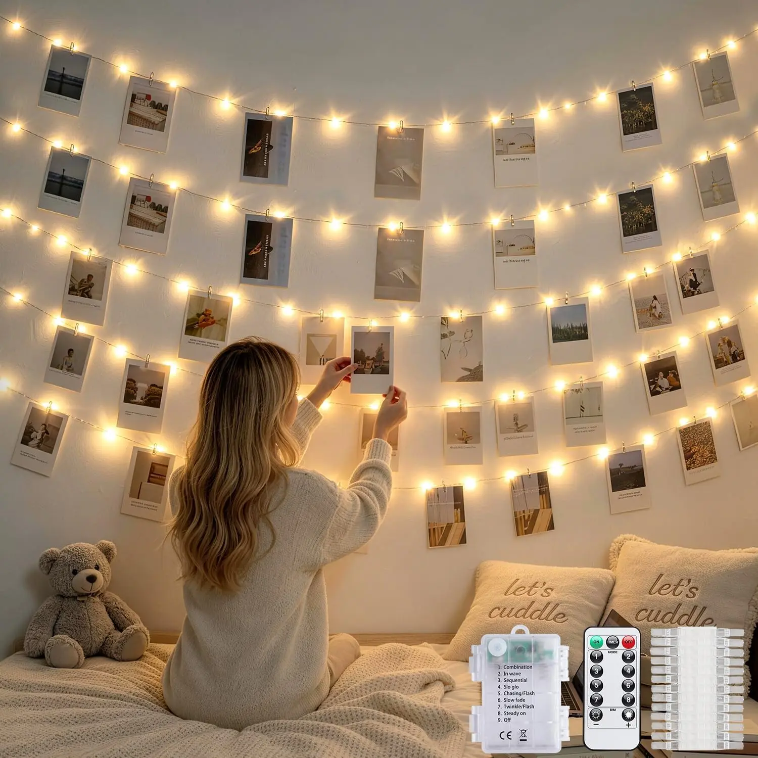 150 LED Photo Clips String Light, 49.5ft Battery Fairy Lights| Picture Light with 50 Clips, Remote, 8 Modes, Waterproof, for Teen Girl Bedroom Dorm Christmas Wedding Decor