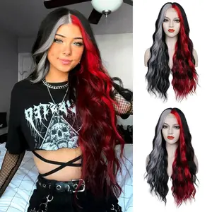 Black Red Gray Wig 28 Inches Long Black Red Wavy Wigs For Women Synthetic Hair Replacement Wigs Halloween  Daily Party Heat-Resistant Fiber Wig