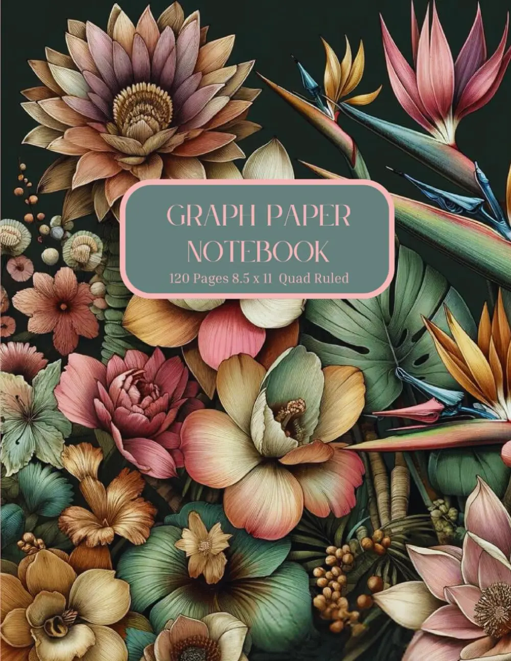 Graph Paper Notebook | Vintage Floral Cover | Composition Style Grid Notebook for School, College and University Math, Science, Art and Engineering ... pages of 8.5 x 11 |Dark Green Peach Floral