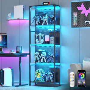Glass Display Shelf for Collectibles LED Black Tall Narrow with Pegboard Steel Frame for Gaming Room Floor Lamp Living Room Bedroom Curio Cabinet