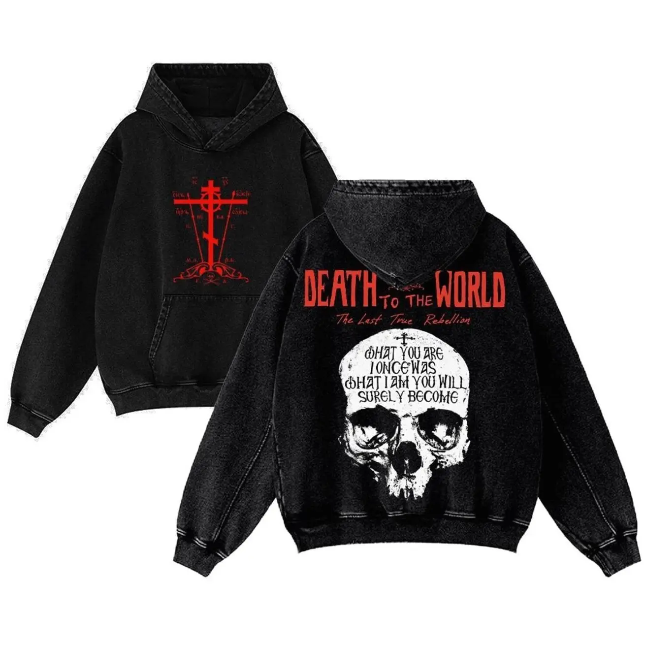 Orthodox Skull Washed Hoodie – “Death to the World” Inspired Graphic, Dark Faith Streetwear Unisex