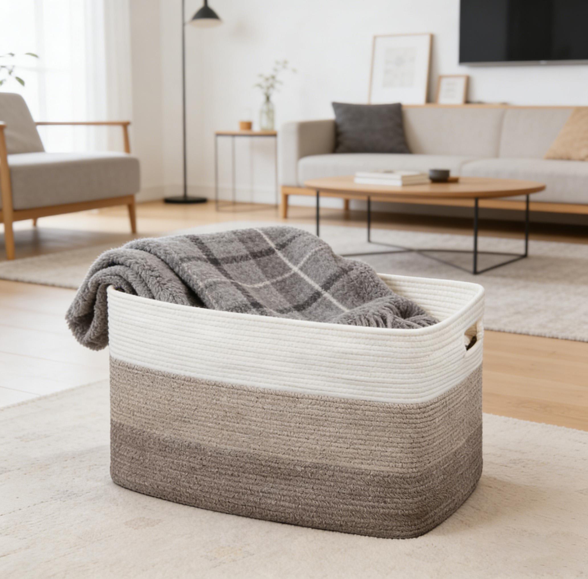 Large Blanket Basket, 21”X16”X12” Rectangle Woven Baskets Living Room Blanket Storage, With Handle Pillows, Blanket Organizing Area Dedicated Gradient Yellow Large Capacity Storage Basket