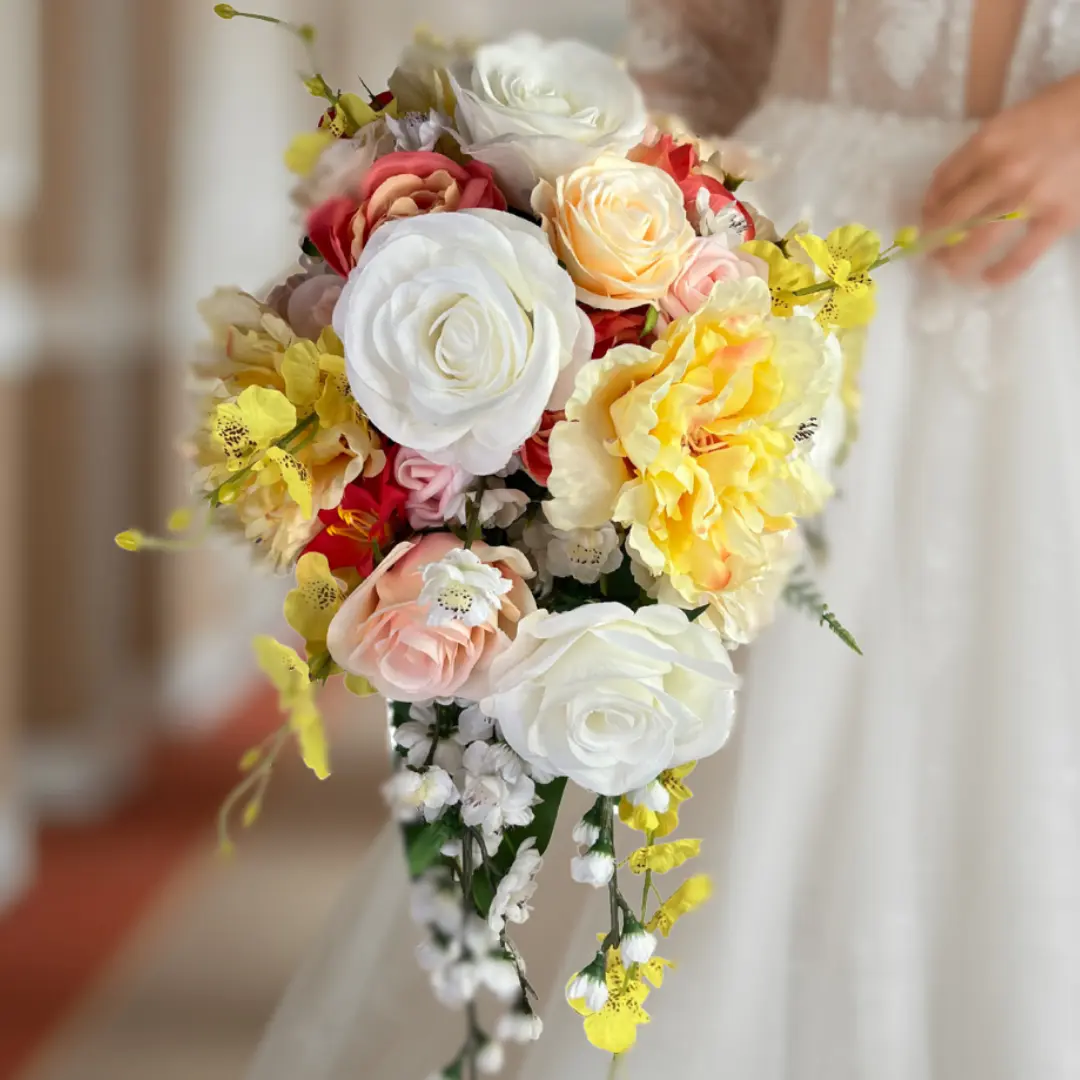 Orlando Rose Tropical Summer Cascade Bouquet - Silk Flower Arrangement with Roses, Oncidium Orchids, Ranunculus, and Snow Blossoms