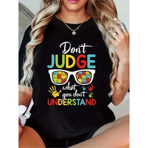 Wo Autism Awareness T-Shirt - "Don't Judge What You Don't Understand" Graphic Tee with Puzzle Piece & Autism Symbols, Casual Crew Neck Short Sleeve Top, Suitable for Spring and Summer Casual Attire for Autism Apparel