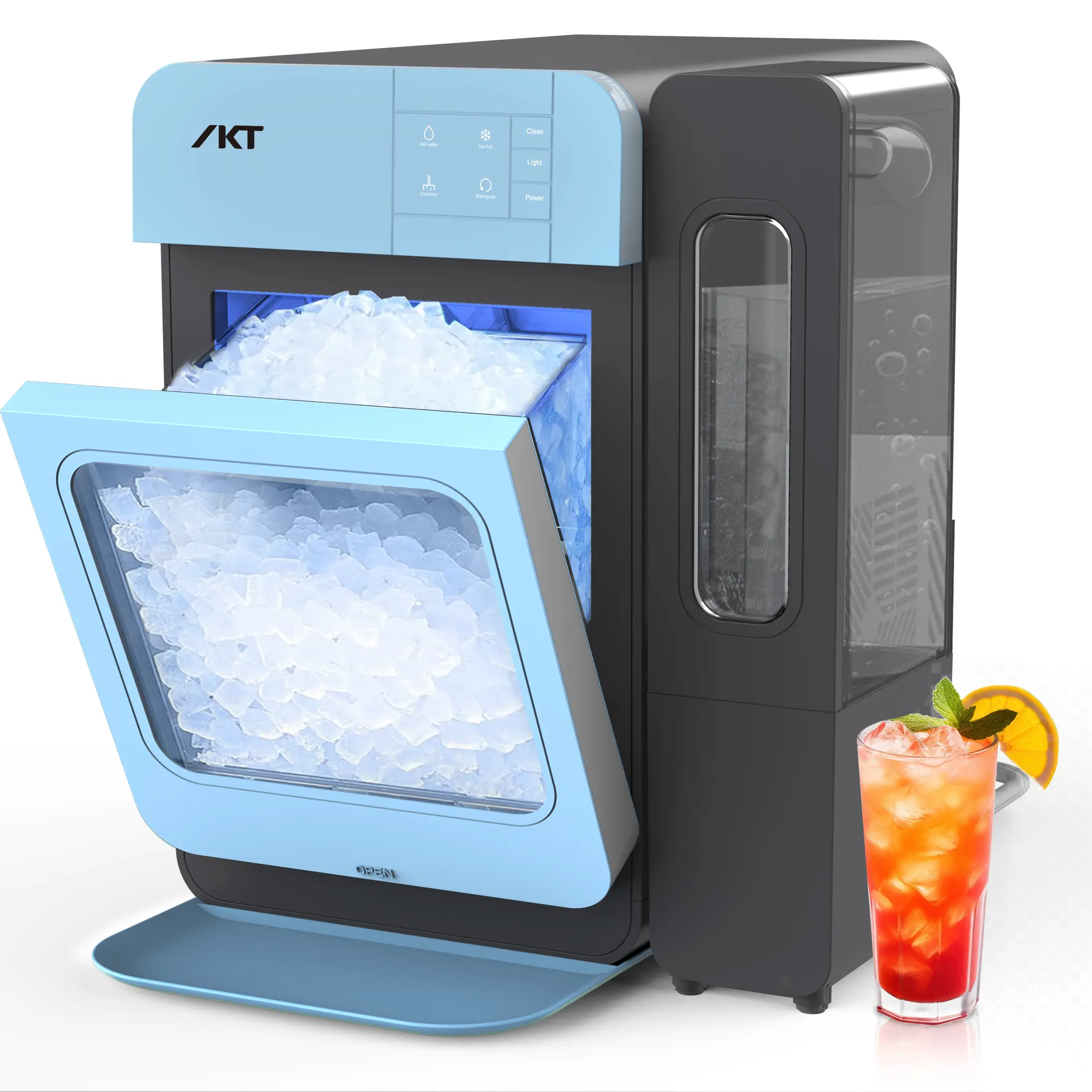 IKT IKT Self-Cleaning Nugget Ice Maker with Side Tank, Countertop Ice Maker, 35-45lbs Daily Ice Production, LED Light, Ice Scoop, LED Light,, Blue