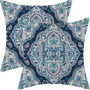 2pcs,Polyester 100%,16x16 18x18 20x20 Inches,Navy Blue Boho Pillow Covers,Aqua Teal Carpet Pattern Throw Pillows Case,Ethnic Design Retro Outdoor Decorative Square Farmhouse Decor Cushion Covers for Sofa Couch ,Single-sided No Pillow Core