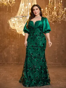 Plus Size Women's V Neck Lantern Sleeve Sequin Patchwork Satin Slim Fit Elegant Evening Party Dress, Random Cut Design