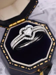 S925 Sterling Silver Heart Shaped Layered Ring, Fashion Rhinestone Decorated Ring for Party, Daily Decor, Trendy All-match & Exquisite Jewelry for Birthday Gift, Promise Rings