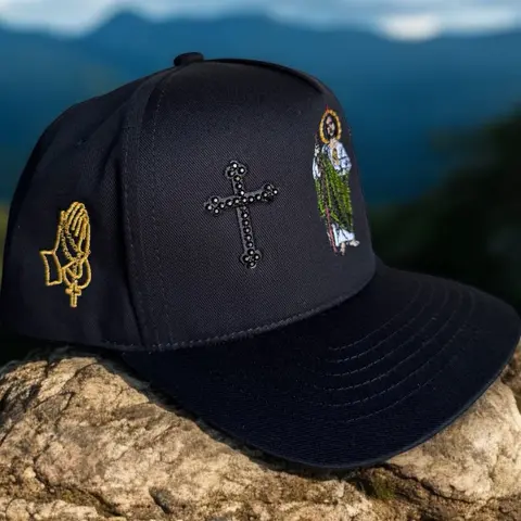 Unisex Saint Jude Embroidered Snapback Baseball Cap - Adjustable Casual Flat Bill Hat with Black Stones, Embroidered Branding Text, Faith Graphic, Everyday Wear Accessory