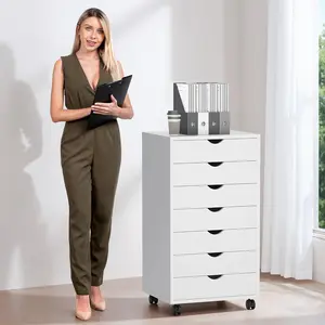 7-Drawer Mobile Storage Cabinet with Locking Wheels - Compact Rolling Dresser for Home/Office, Wood Grain Organizer, Multi-Direction Wheels,White