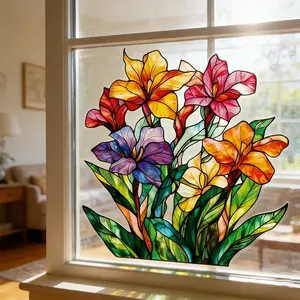 Colorful Glass Flower Decorative Window Sticker, Static Rainbow Mosaic Floral Decal, Home Decor for Bedroom Kitchen Windows, Easy to Apply