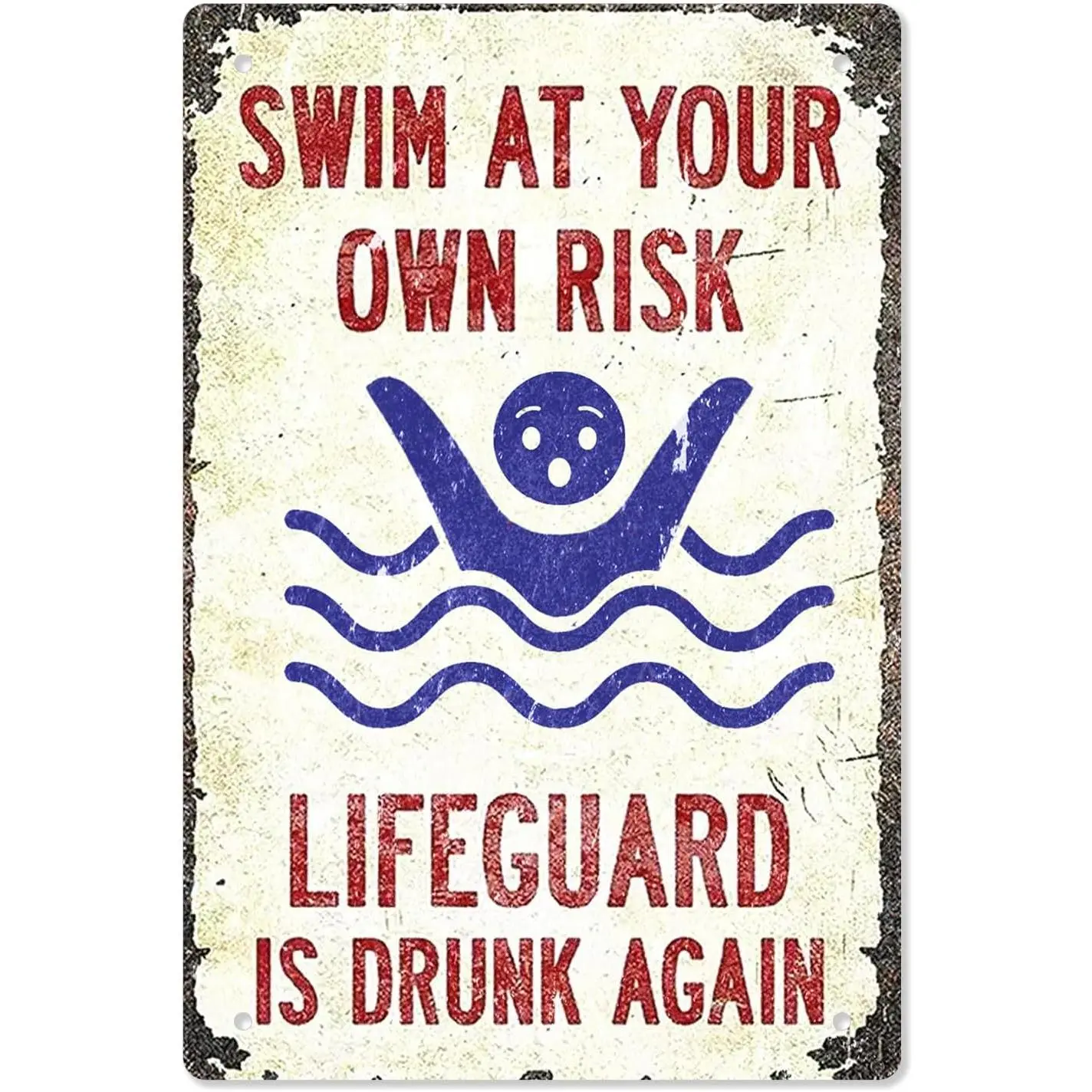 Pool Sign-'Swim at Your Own Risk'-Vintage Metal Funny Metal Signs for Decor Outdoor,Funny Pool Sign for Outside 8x12 Inch Home Decoration Aluminium Gift Tin