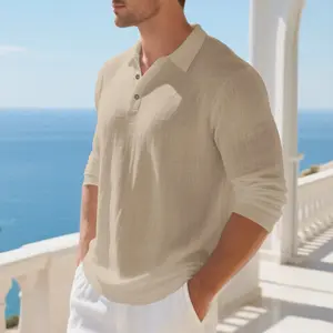 Men's Long Sleeve Linen Polo Shirt Casual Breathable Button Down Henley Shirt Lightweight Summer Beach Vacation Shirt