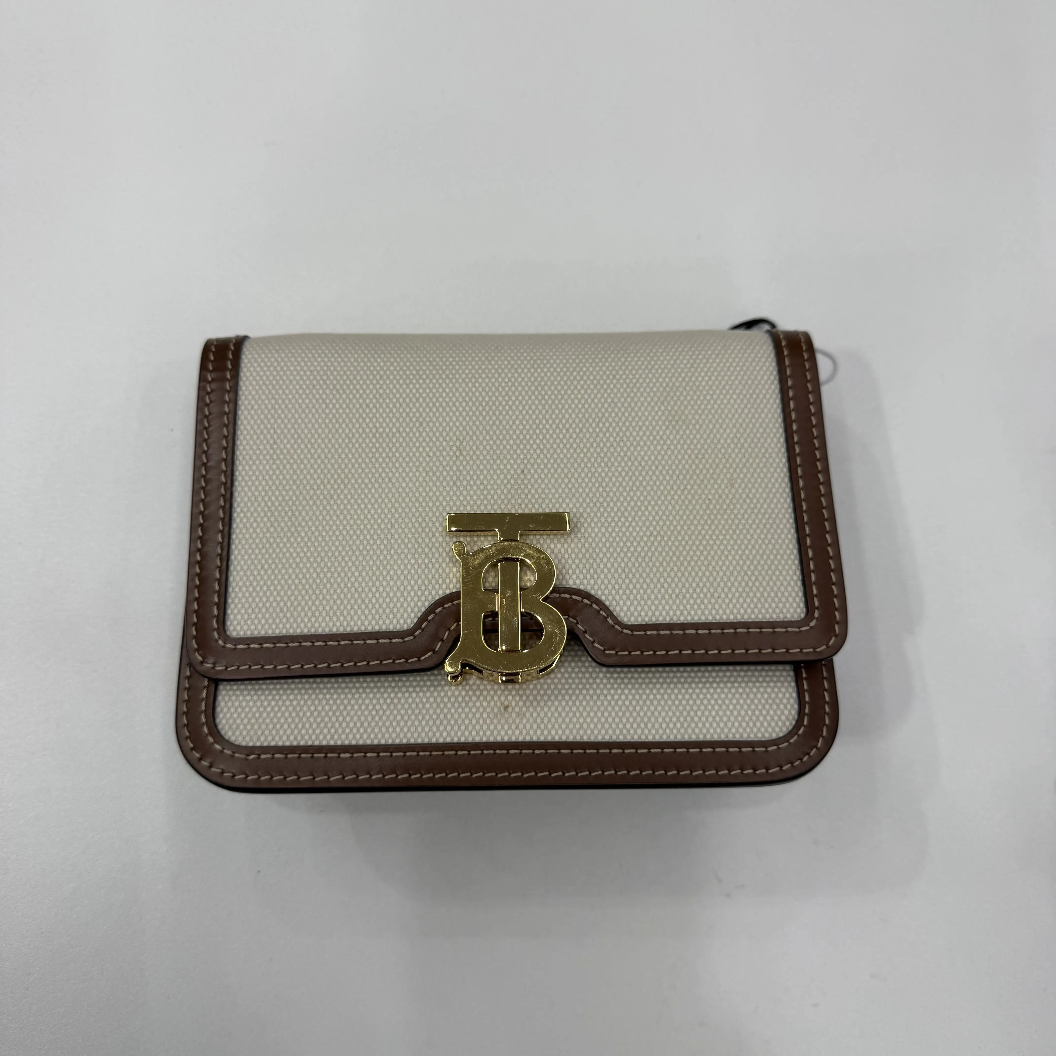 Pre-owned BURBERRY Pre‑owned｜100% Authentic Burberry, Beige Canvas With Brown Leather Edge, Gold TB‑Logo Small Flap Cross‑Body Handbag