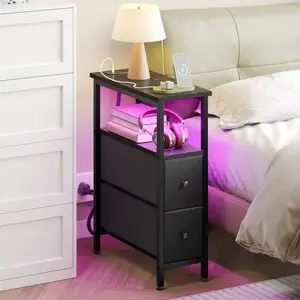 Nightstand  Charging Station, Narrow Side   2 Fabric Drawers, Slim End   LED Light, Small Bedside   Storage, Living Room, Bedroom Furniture with Table Full Size Canopy Bed Nailhead Decoration